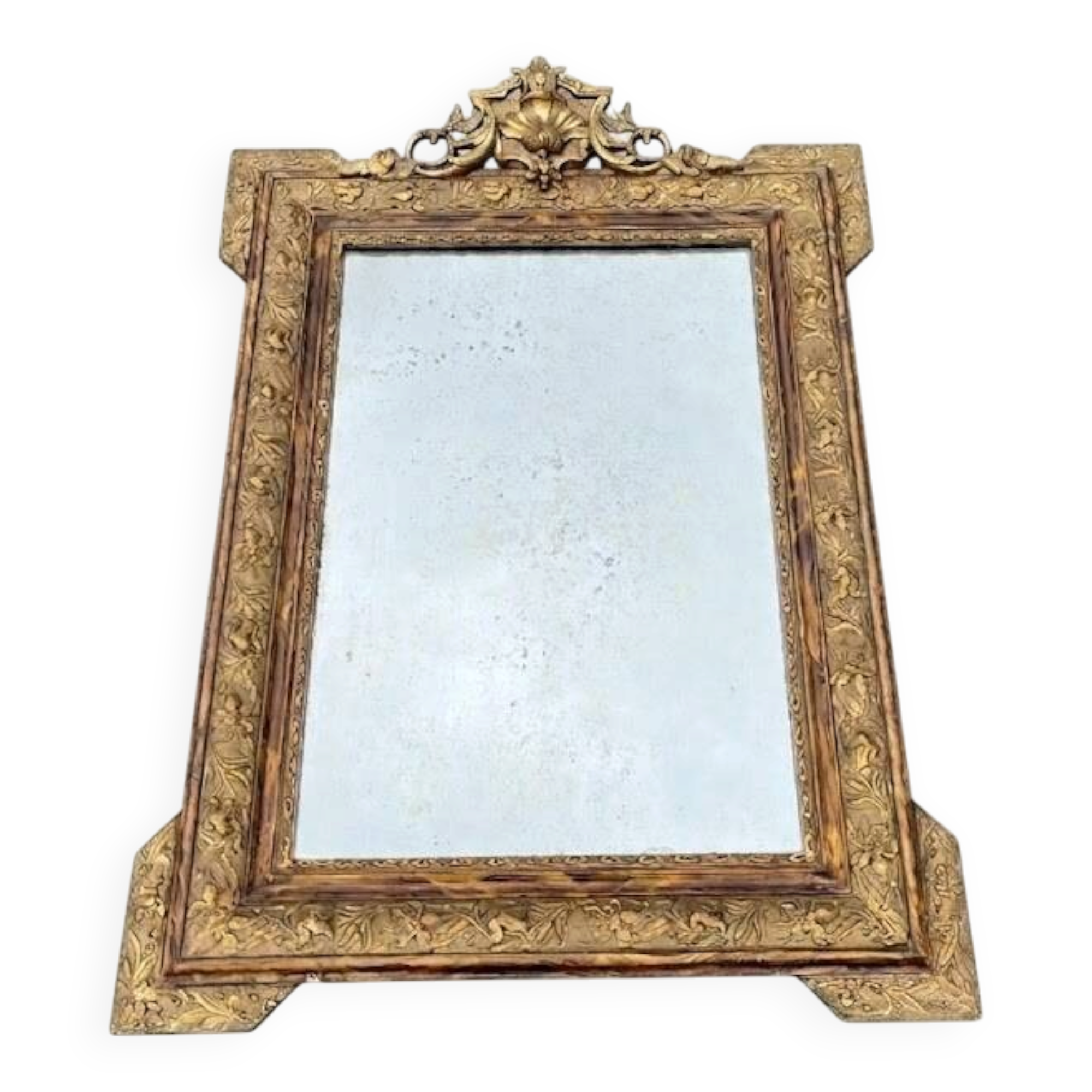 Antique mirror with gilded stucco, shell pediment, old glass, 95 cm
