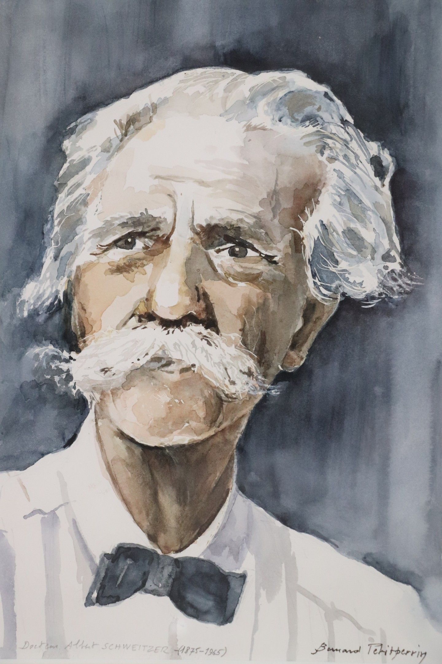 Portrait of Dr. Albert Schweitzer (1875-1965)-watercolor signed