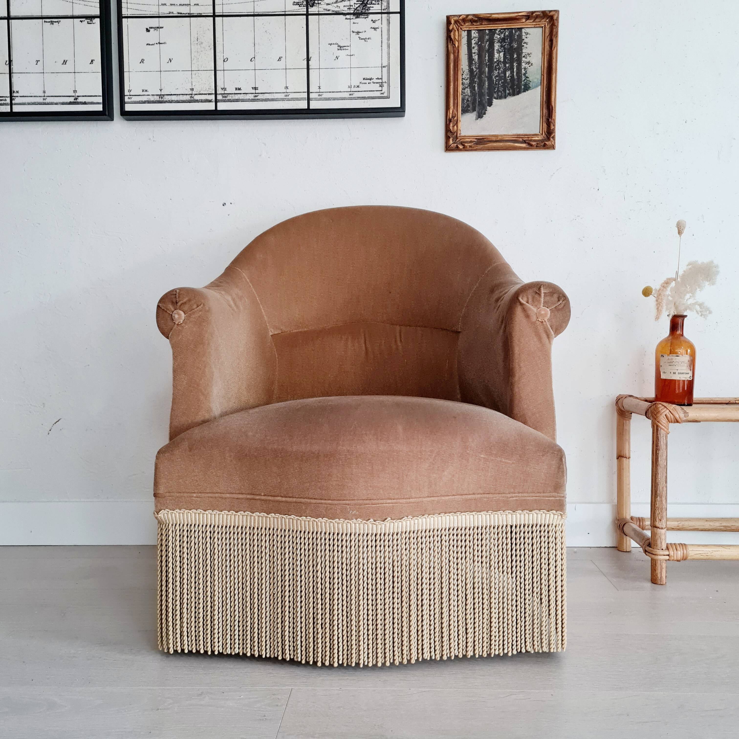 Fauteuil crapaud velours beige doré