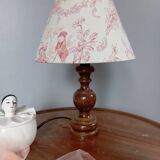 Table lamp with cream/pink toile de Jouy shade, turned wooden base 1960