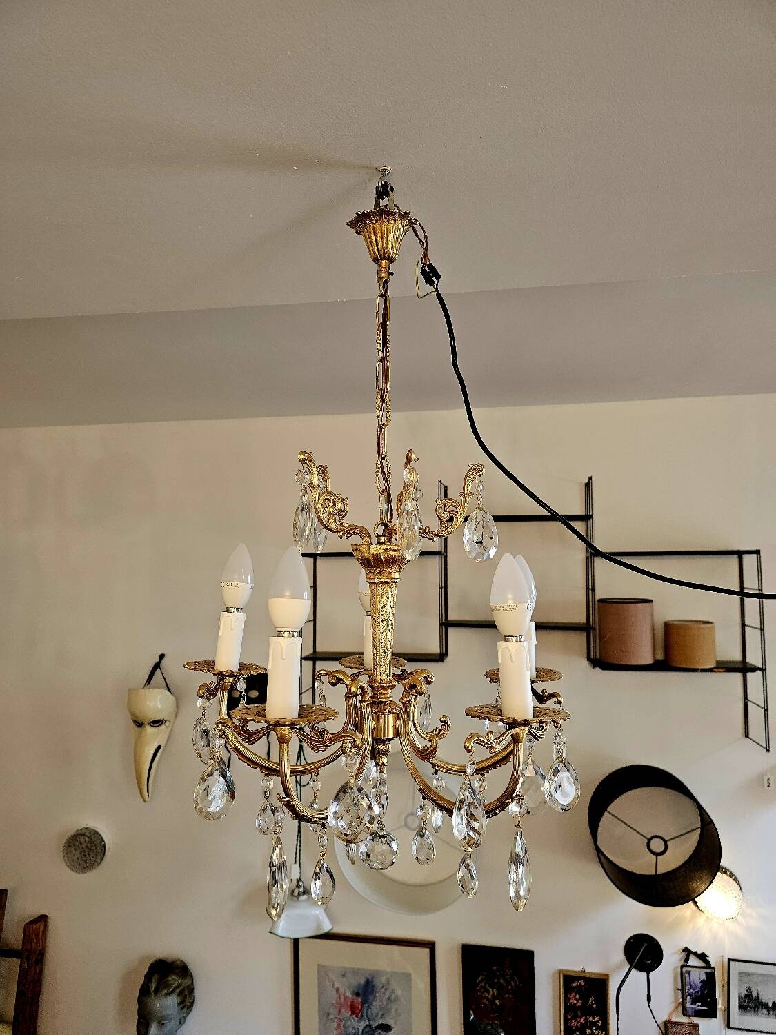 Five-light chandelier in chiseled bronze and crystal