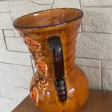 Old Vase With Brown Ceramic Handle + Leaf Decor 60s Vintage