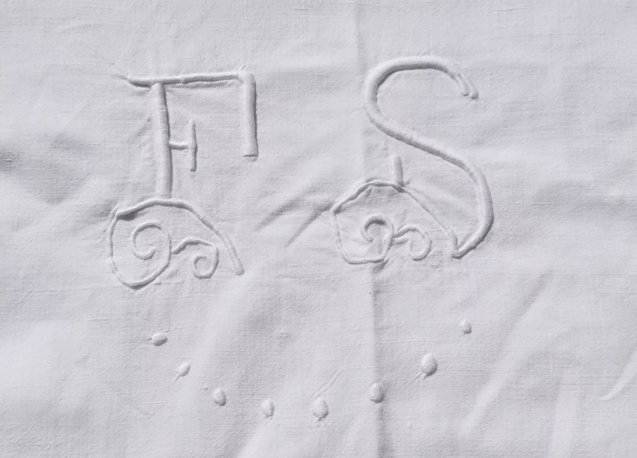 Old linen blend fabric, monogrammed FS with a day.
