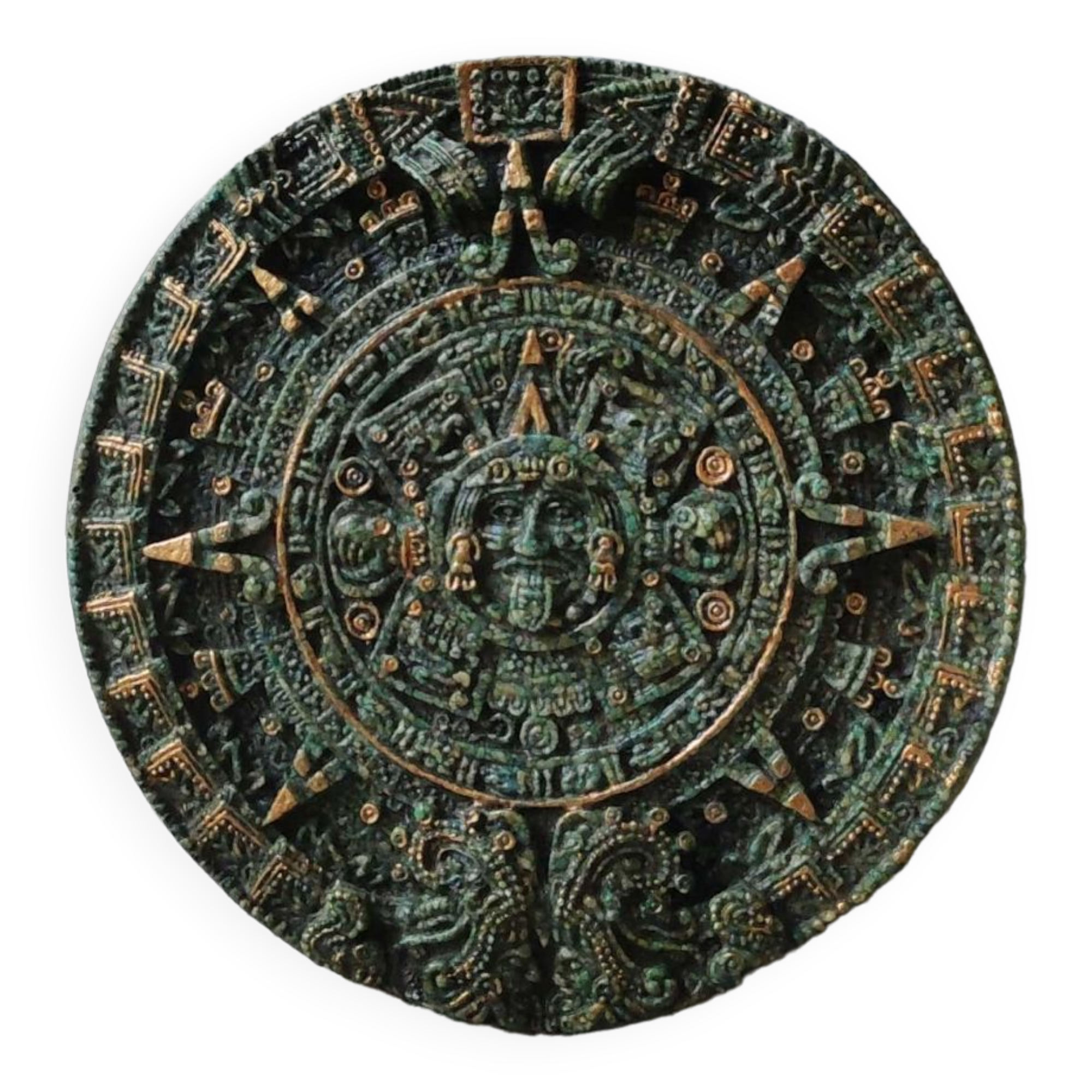 Aztec/Mayan wall solar mirror, in crushed Malachite stone, gold highlights