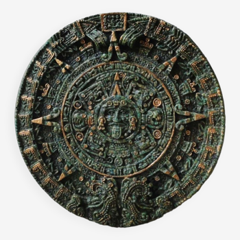 Miroir solaire mural Aztèque/Maya, en pierre de Malachite broyée, rehauts or