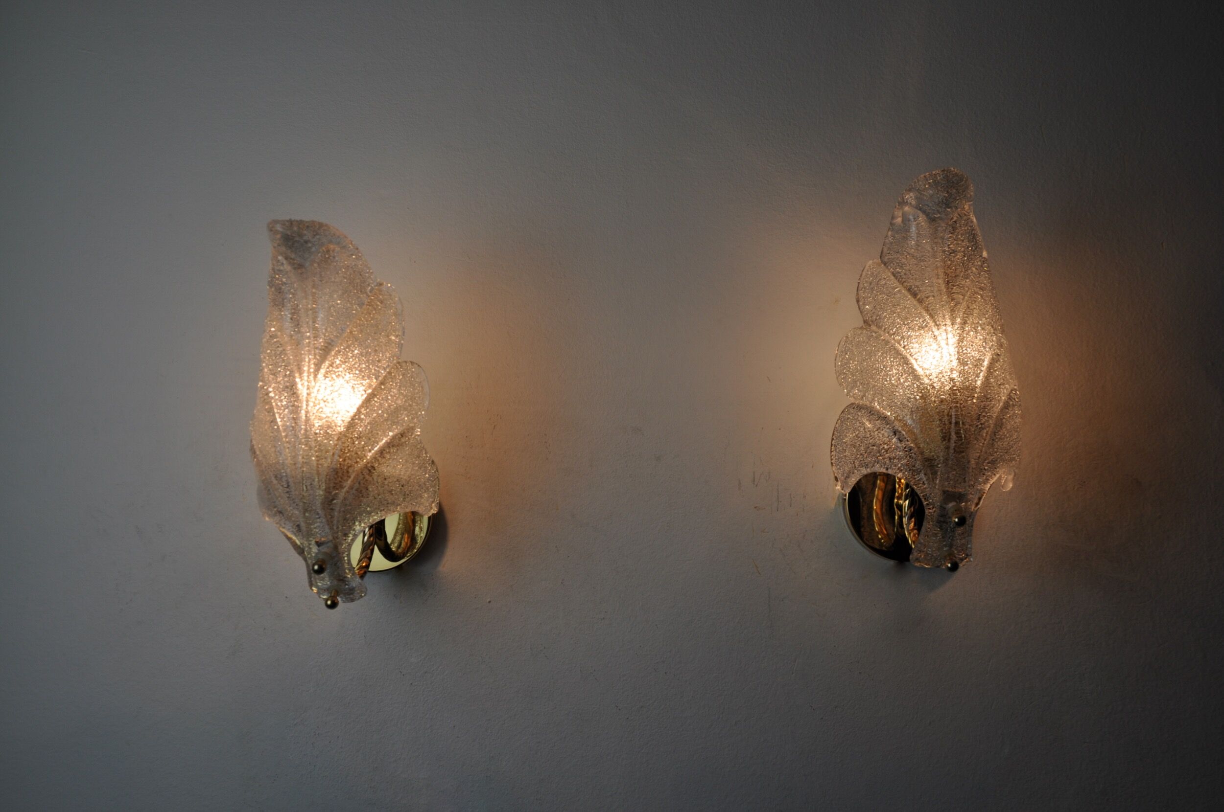 Pair of frosted leaf sconces, murano glass, italy, 1970