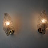 Pair of frosted leaf sconces, murano glass, italy, 1970