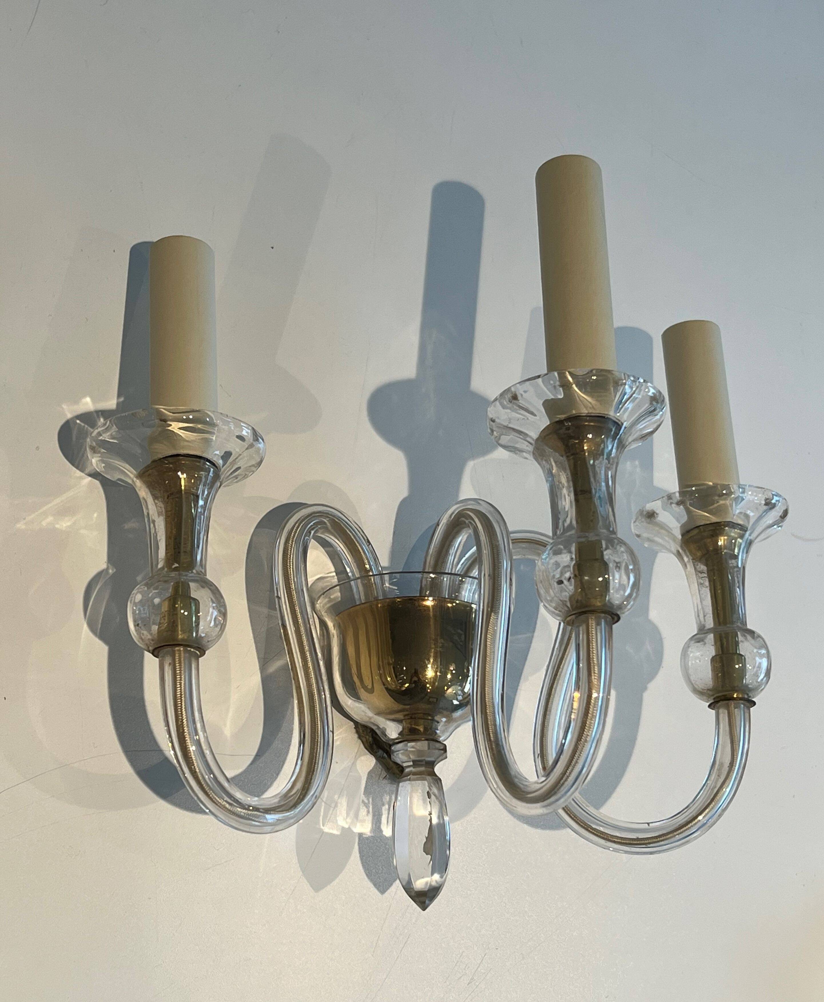 Pair of Murano crystal wall lights with 3 arms.