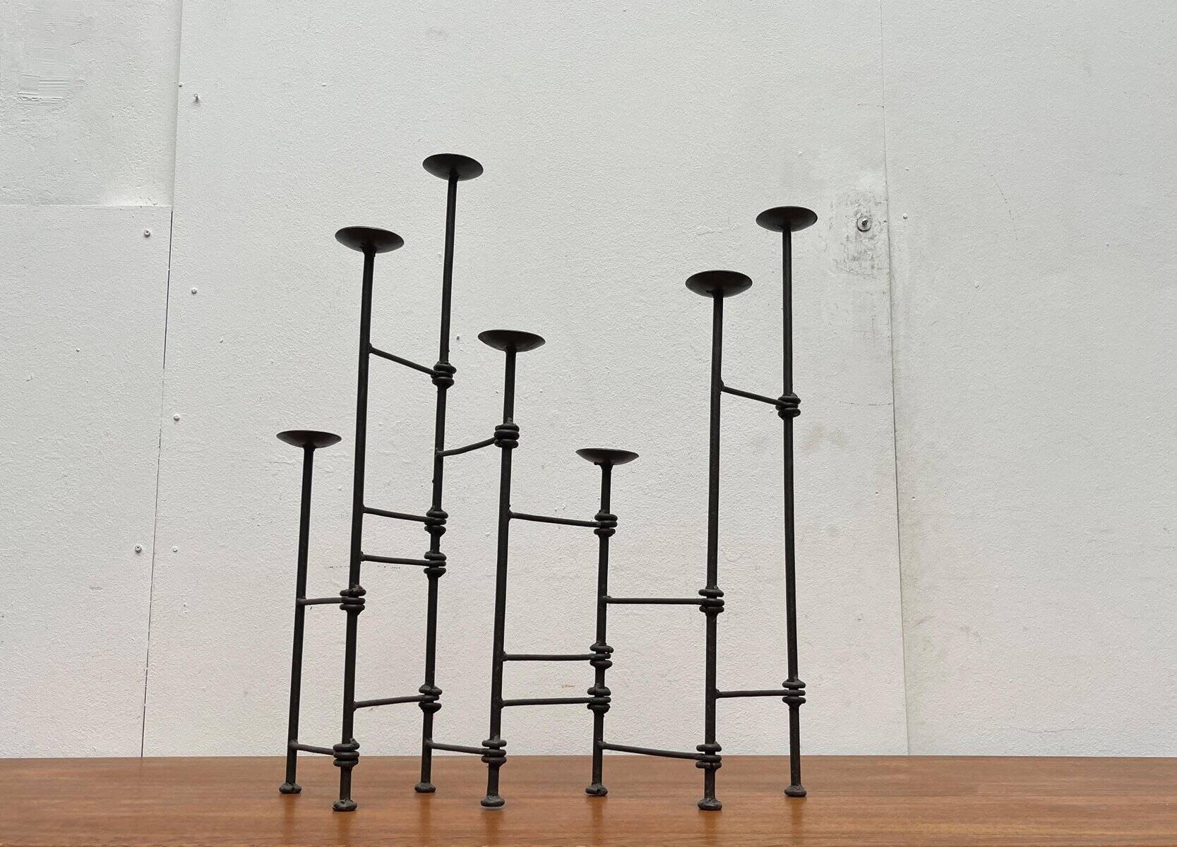 Mid-century brutalist extendable wrought iron floor chandelier, 1960s.