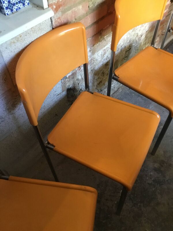 Lot de 4 chaises Lafargue L303 orange et inox années 70