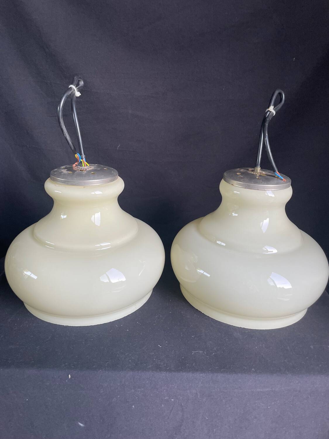 Pair of mid-century vintage opaline milk glass pendant lights
