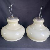 Pair of mid-century vintage opaline milk glass pendant lights