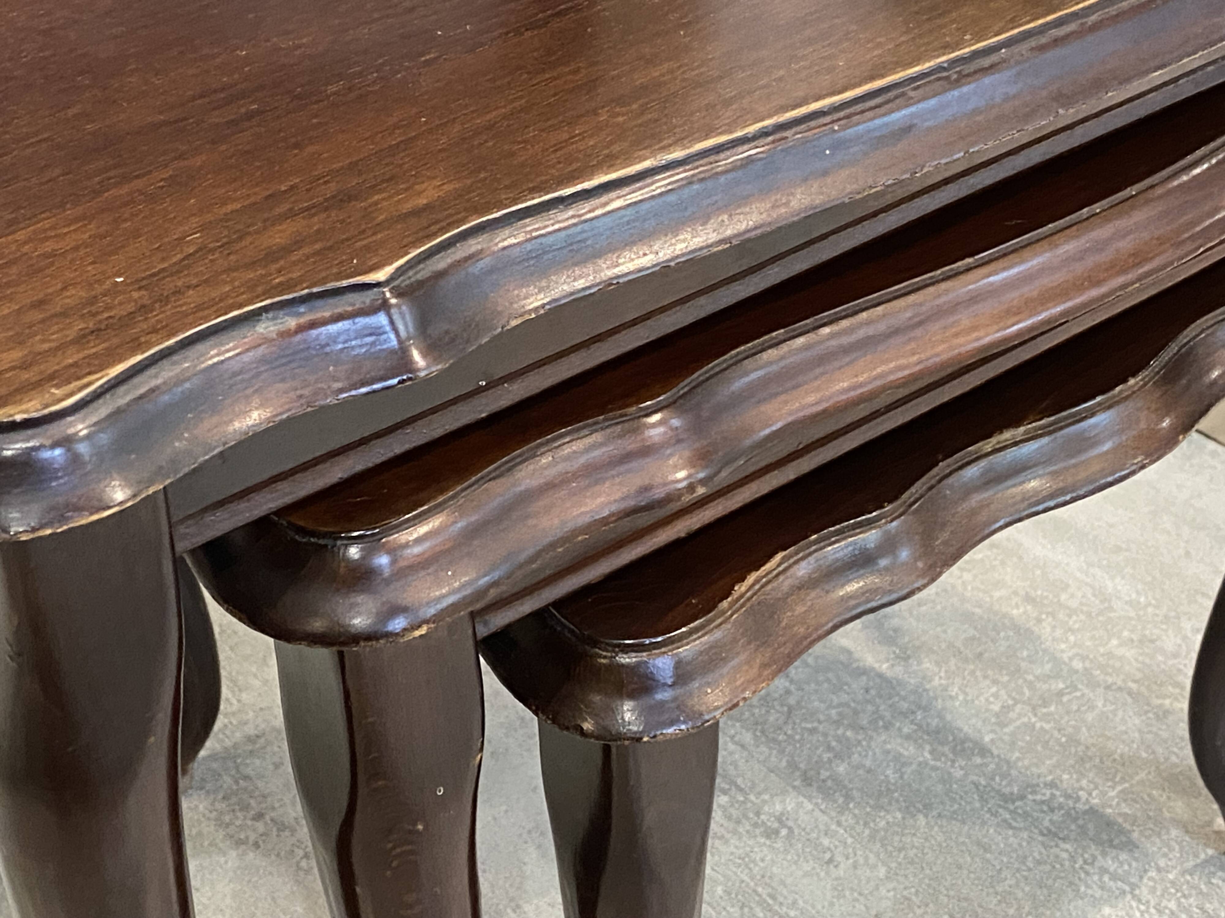 Set of 3 rustic nesting coffee tables in Louis XV style from 1950.