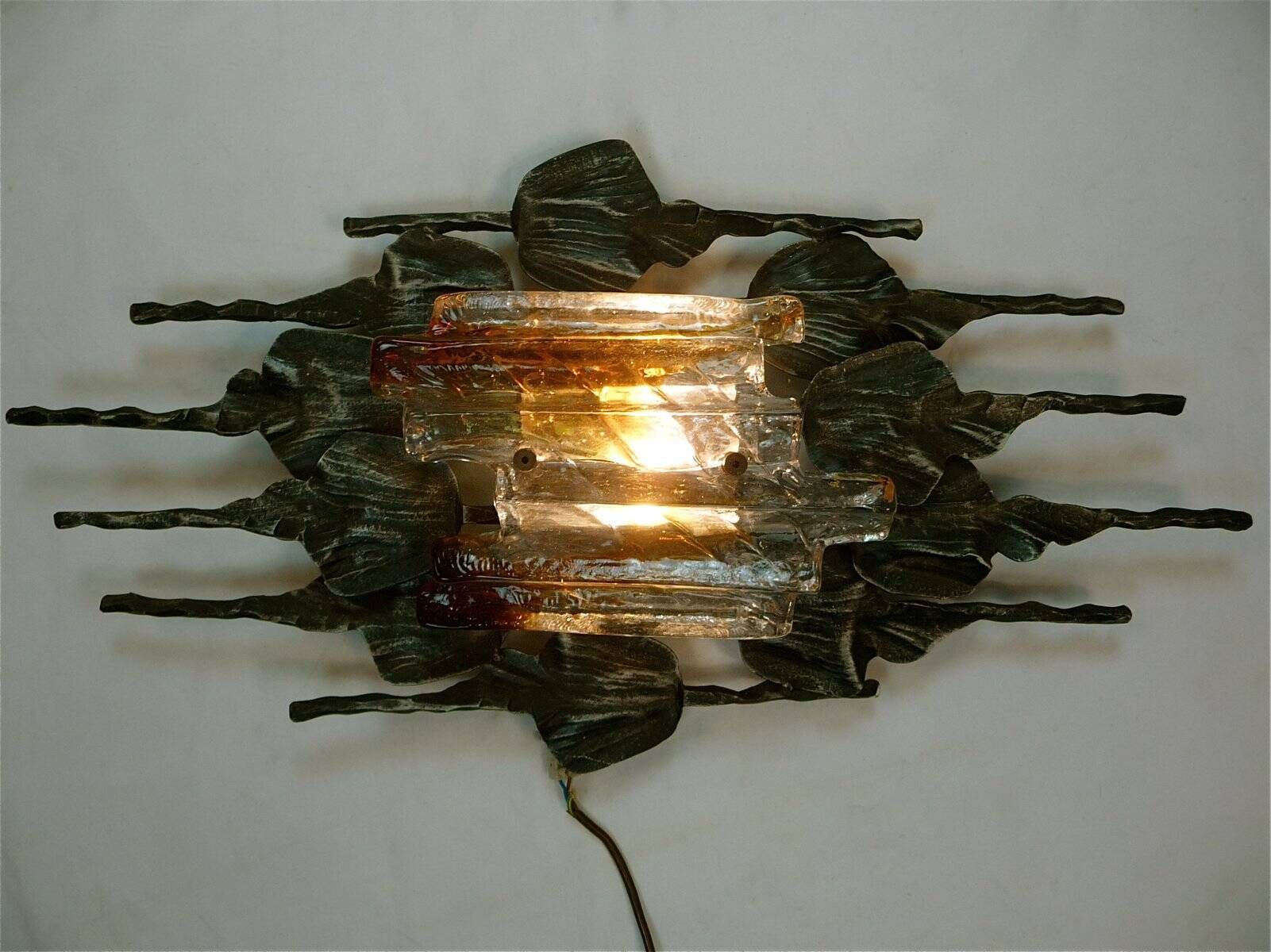 Large brutalist iron & ice Murano glass sconce / wall lamp, 1960s