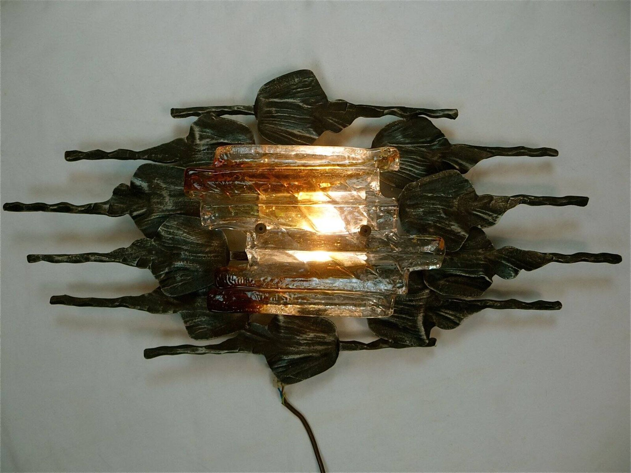 Large brutalist iron & ice Murano glass sconce / wall lamp, 1960s