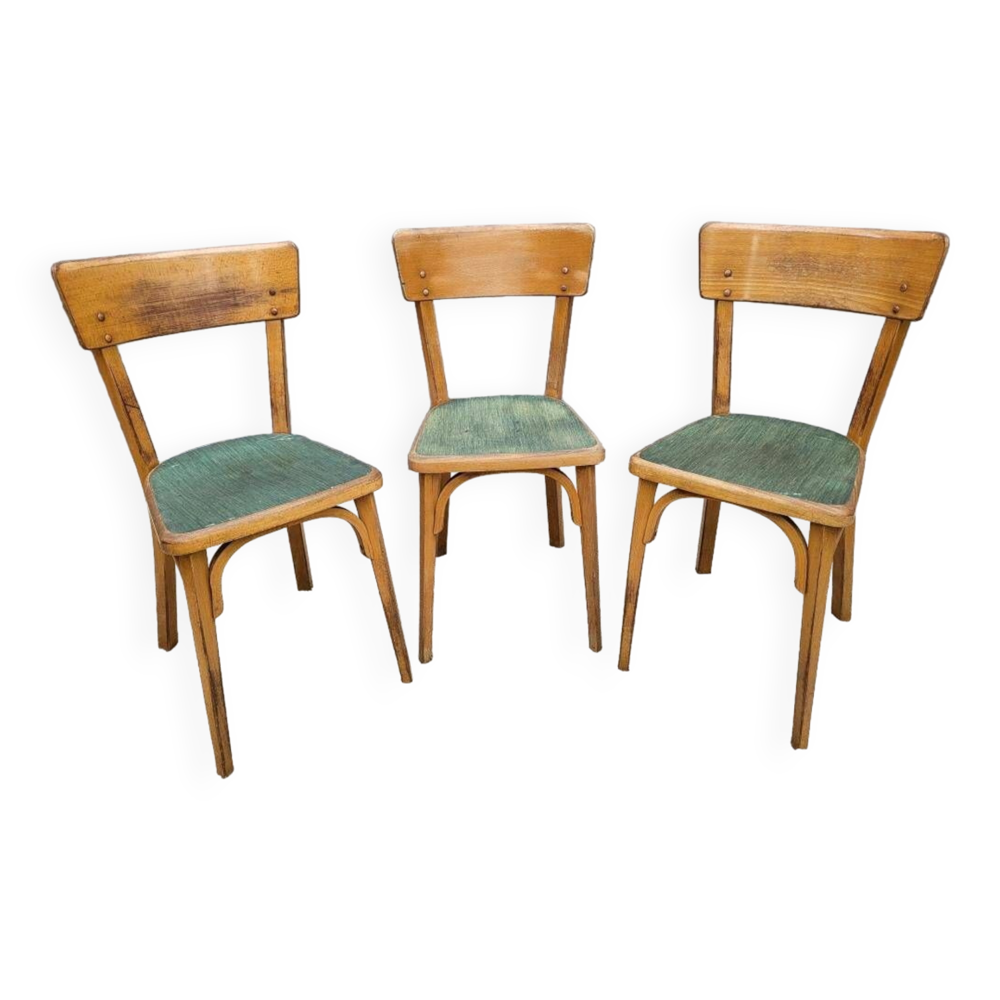 Trio chaises bistrot Baumann 1950 simili vert chiné