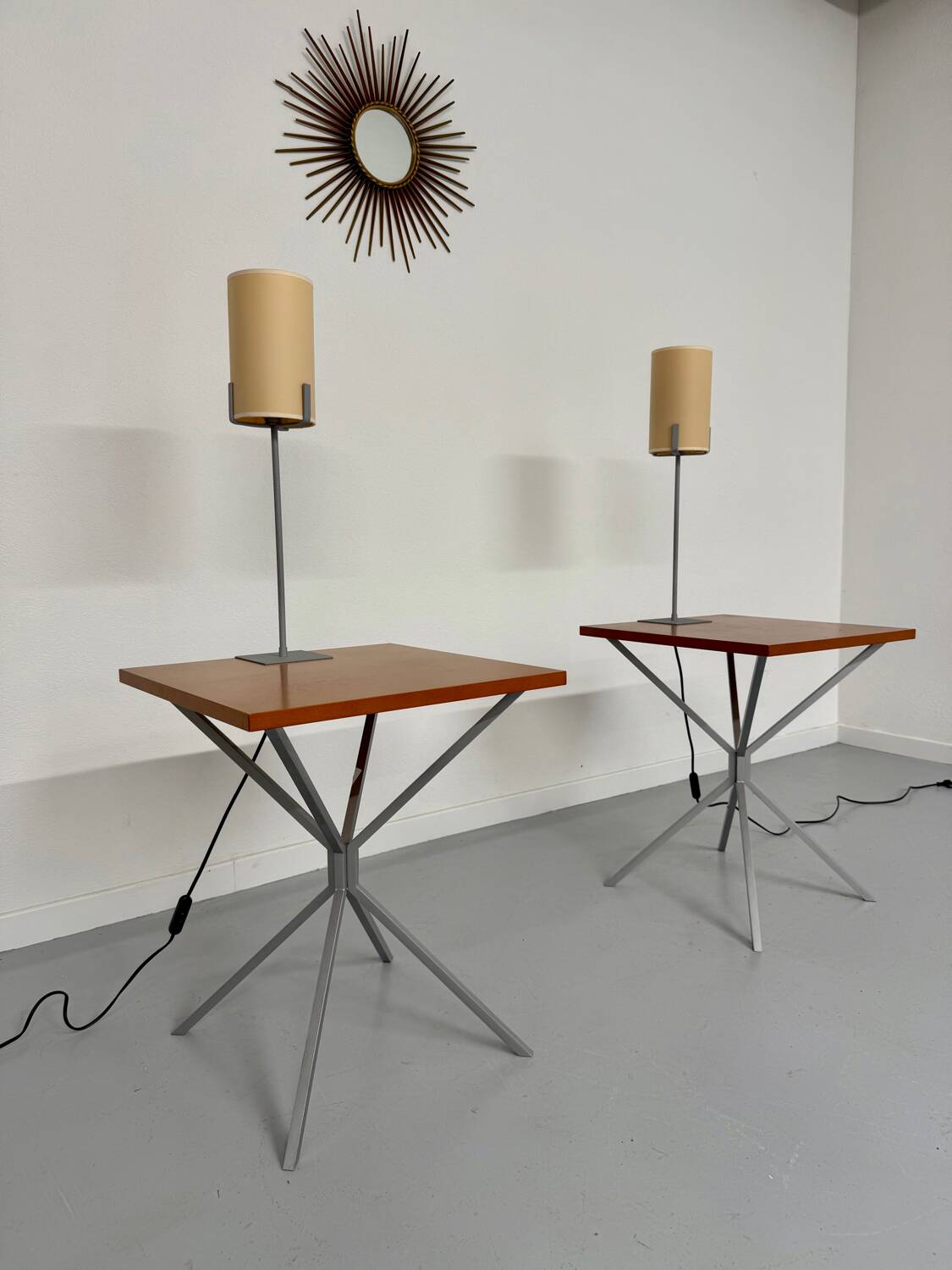 Side table / bedside table with designer lighting, Ligne Roset metal and wood