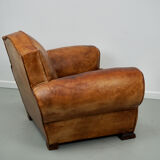 French moustache back cognac-colored leather club chair, 1940s