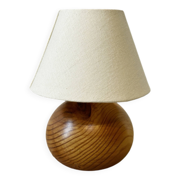 Lampe boule en bois, abat-jour en tissu, années 80