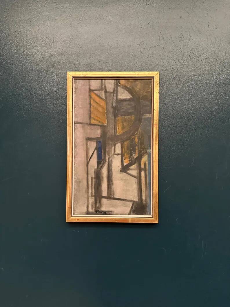 Original Danish Oil on Canvas – “Gul Figurkomposition” by P. Primdahl – Signed – Dated 1958 – Vintage & Framed – 43 × 27 cm (16.9" × 10.6")