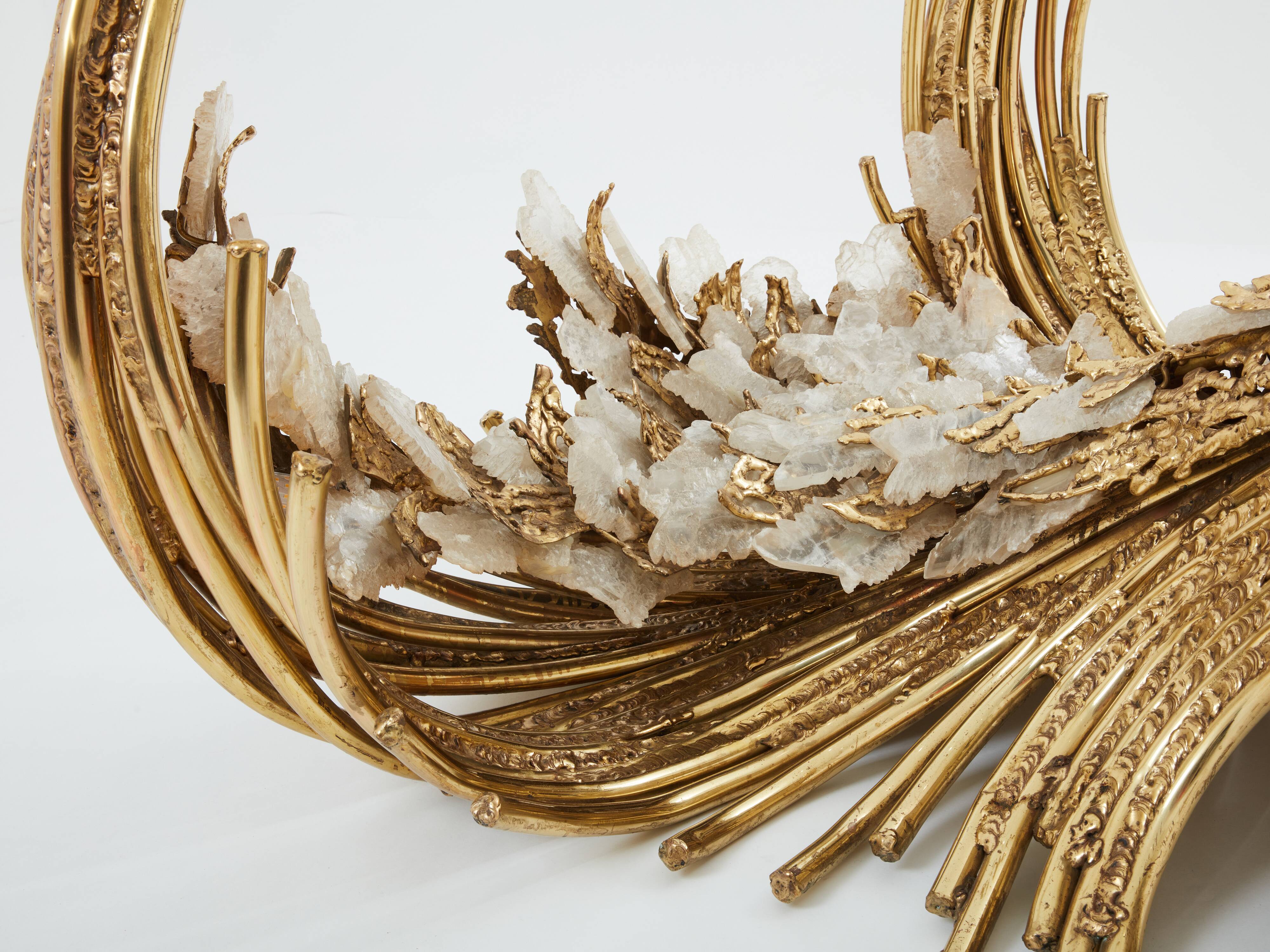 Dining table brass sculpture rock crystals Isabelle Faure 1970