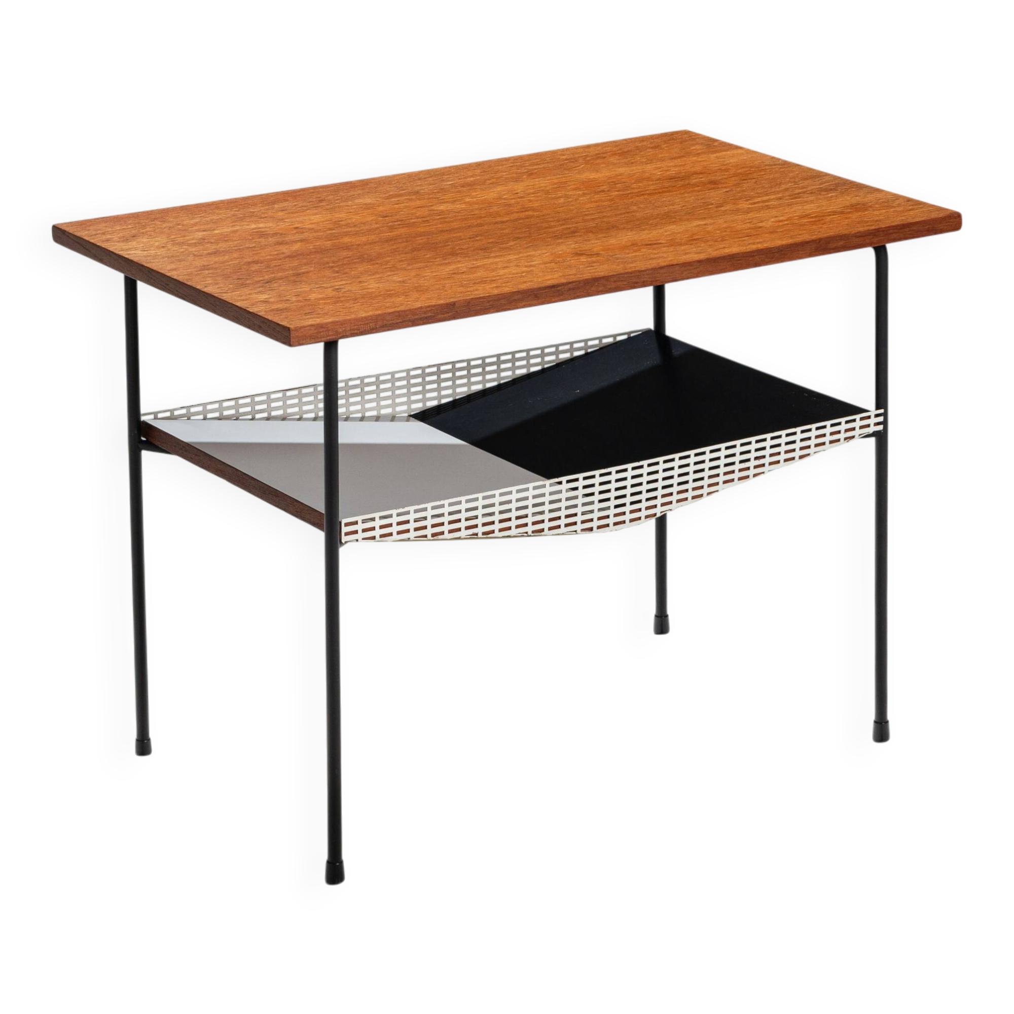 Sidetable with teak top and black and white storage shelves