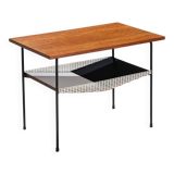 Sidetable with teak top and black and white storage shelves