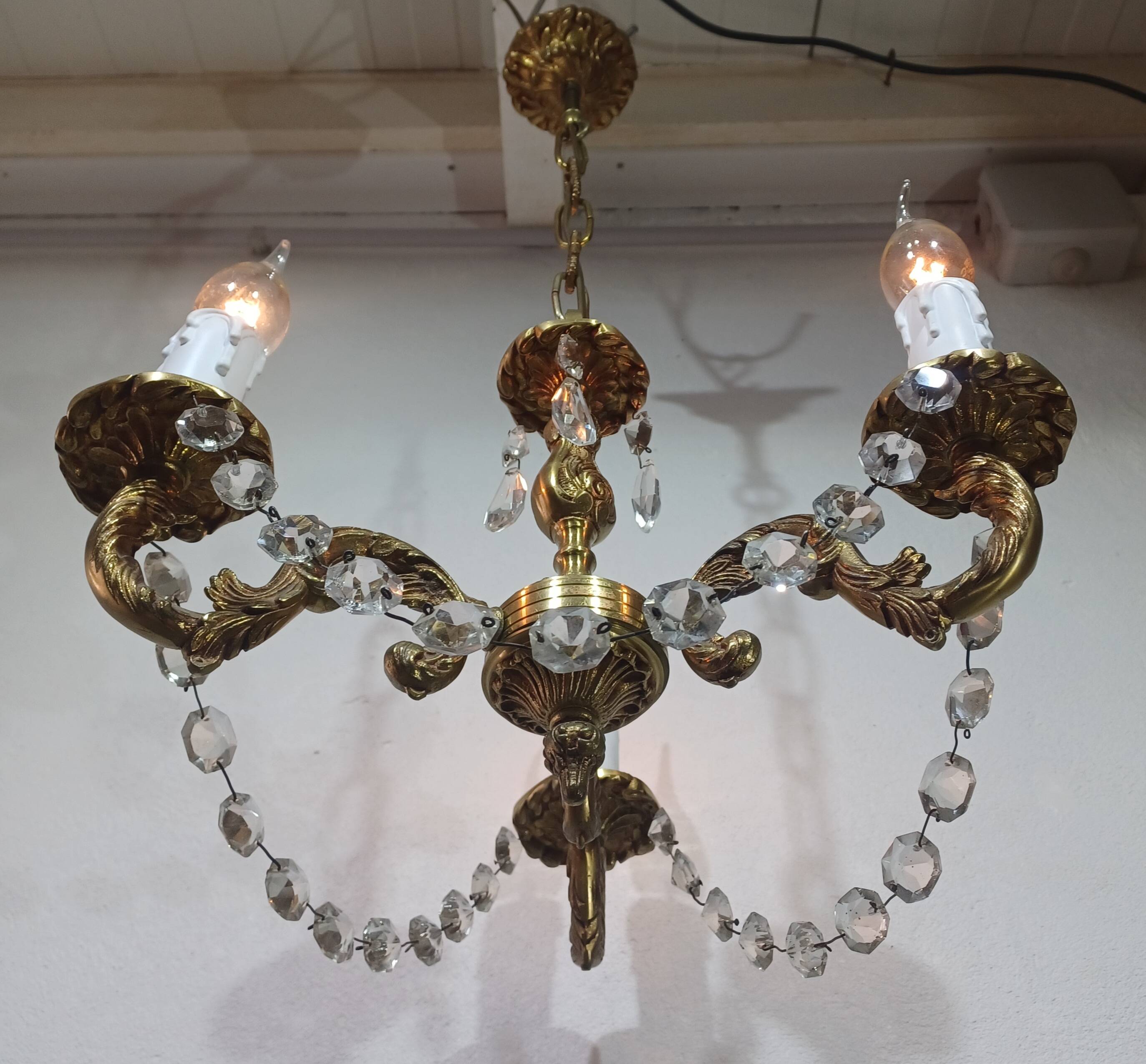3-light bronze and crystal chandelier