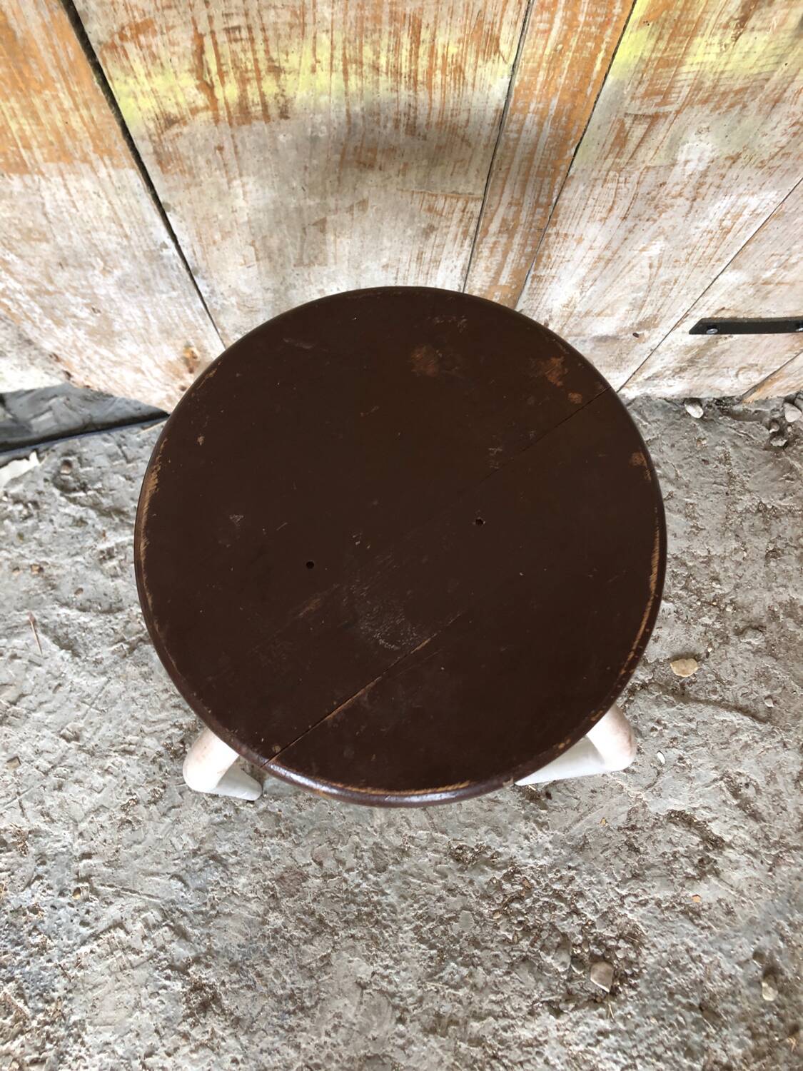 Bar Stool White Metal Leg + Vintage Brown Wood Seat #A352