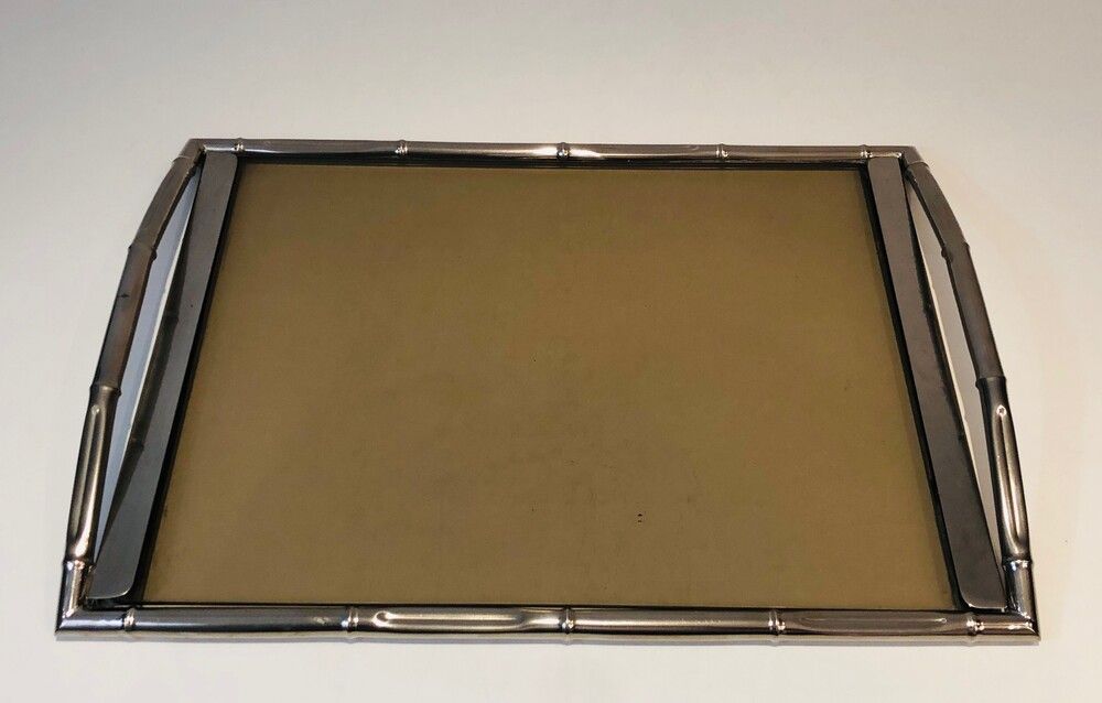 Chrome tray style faux-bamboo with smoked glass top