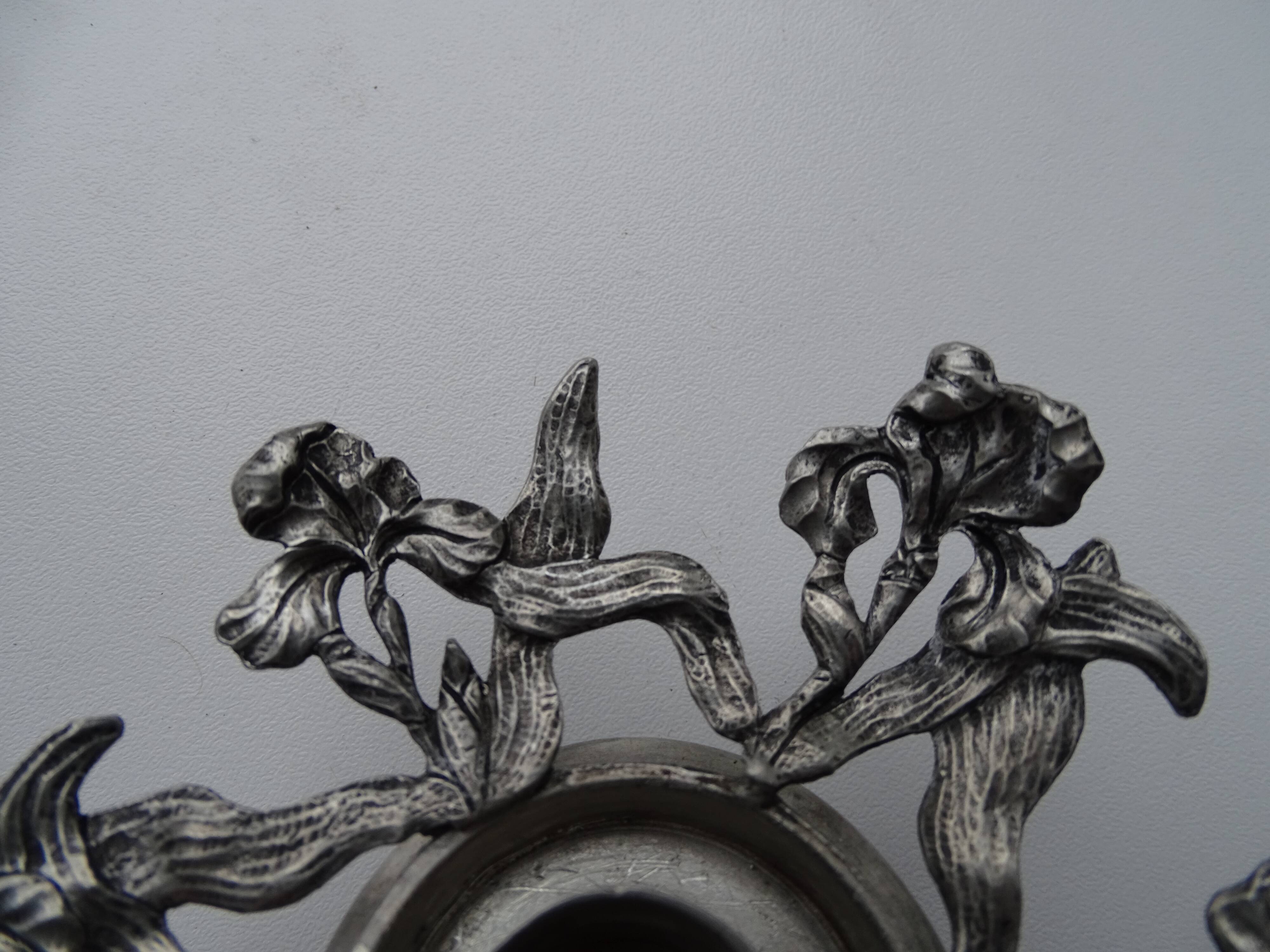 Art Nouveau flower candle holder 1900 - Pink pewter international design signed