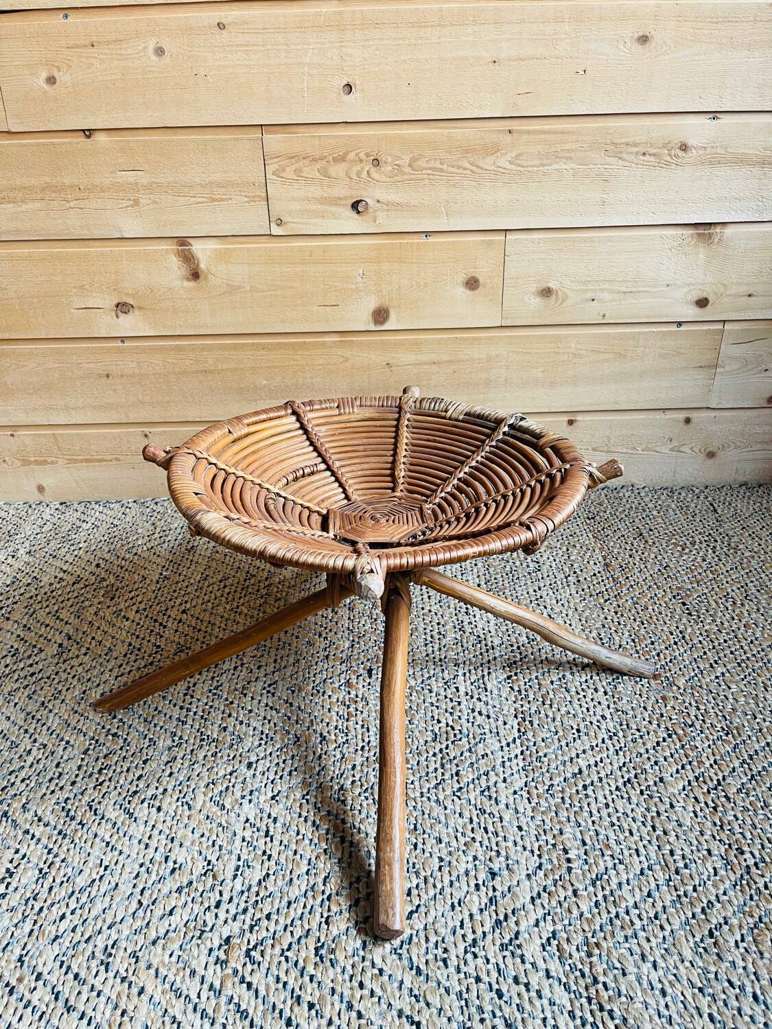 Rattan and wood stool