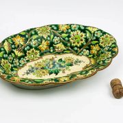 Longwy cup in cloisonné enamels on a green background, polychrome floral decoration and gold