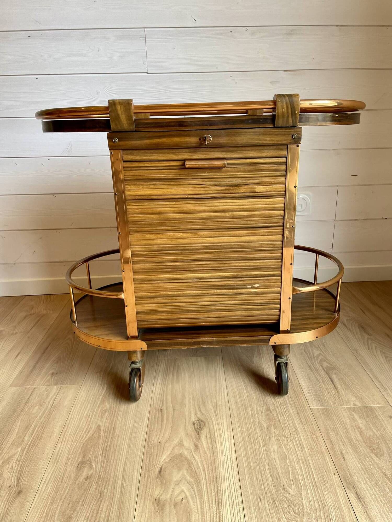 Bar cart / Vintage Art Deco service trolley – Wood and copper