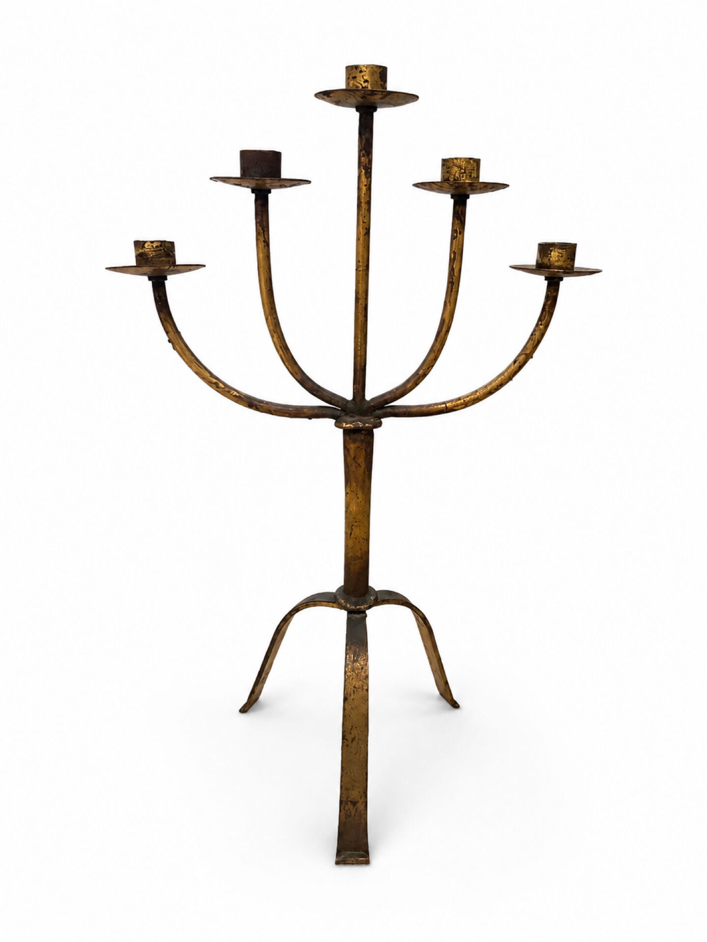 Large Mid-Century Brutalist 5-Arm Gilt Iron Candelabra 55cm