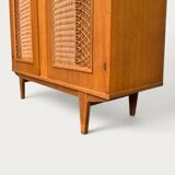 Rattan wardrobe and its compass-legged chest of drawers, 1960