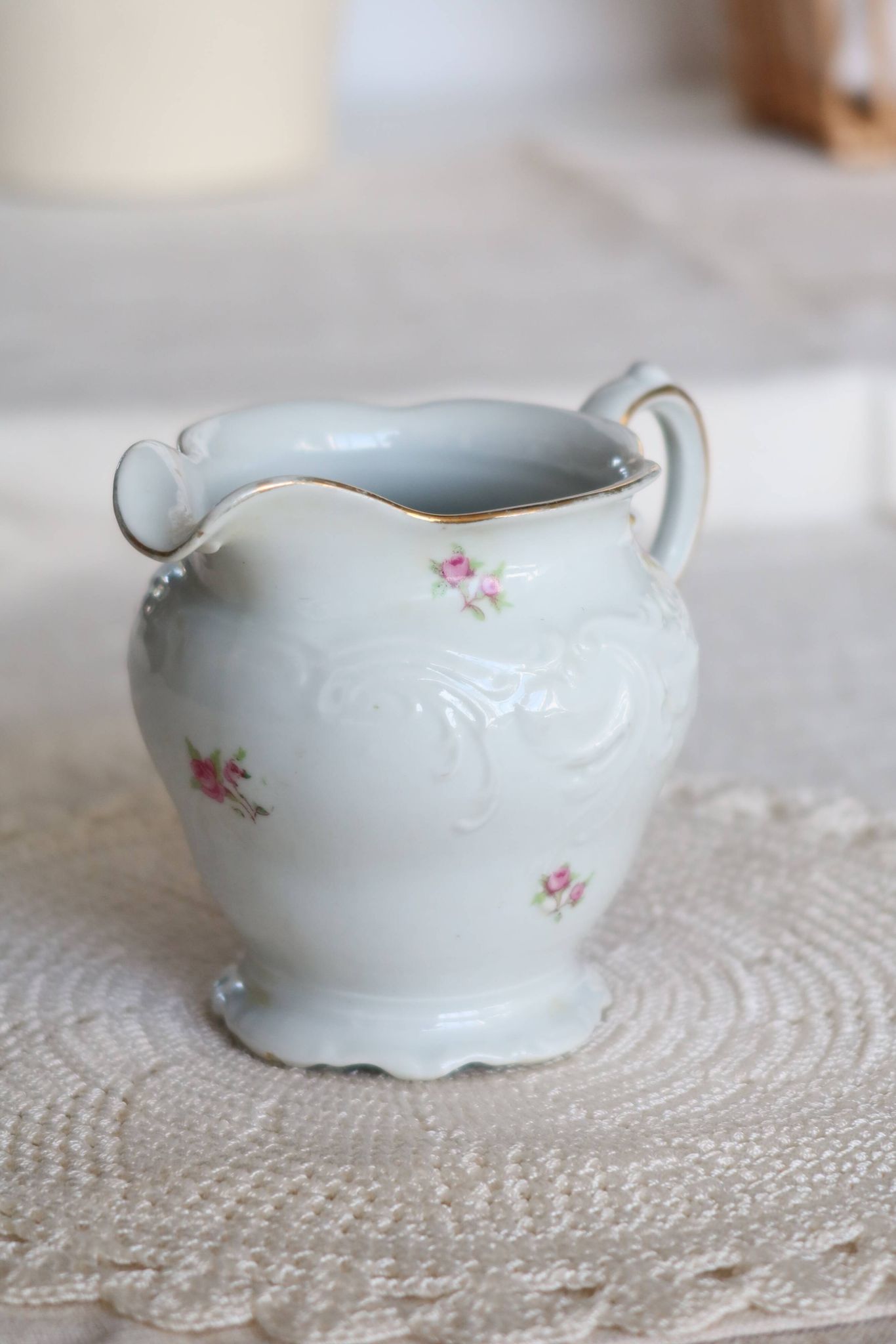 Vintage white porcelain milk jug – Romantic floral pattern