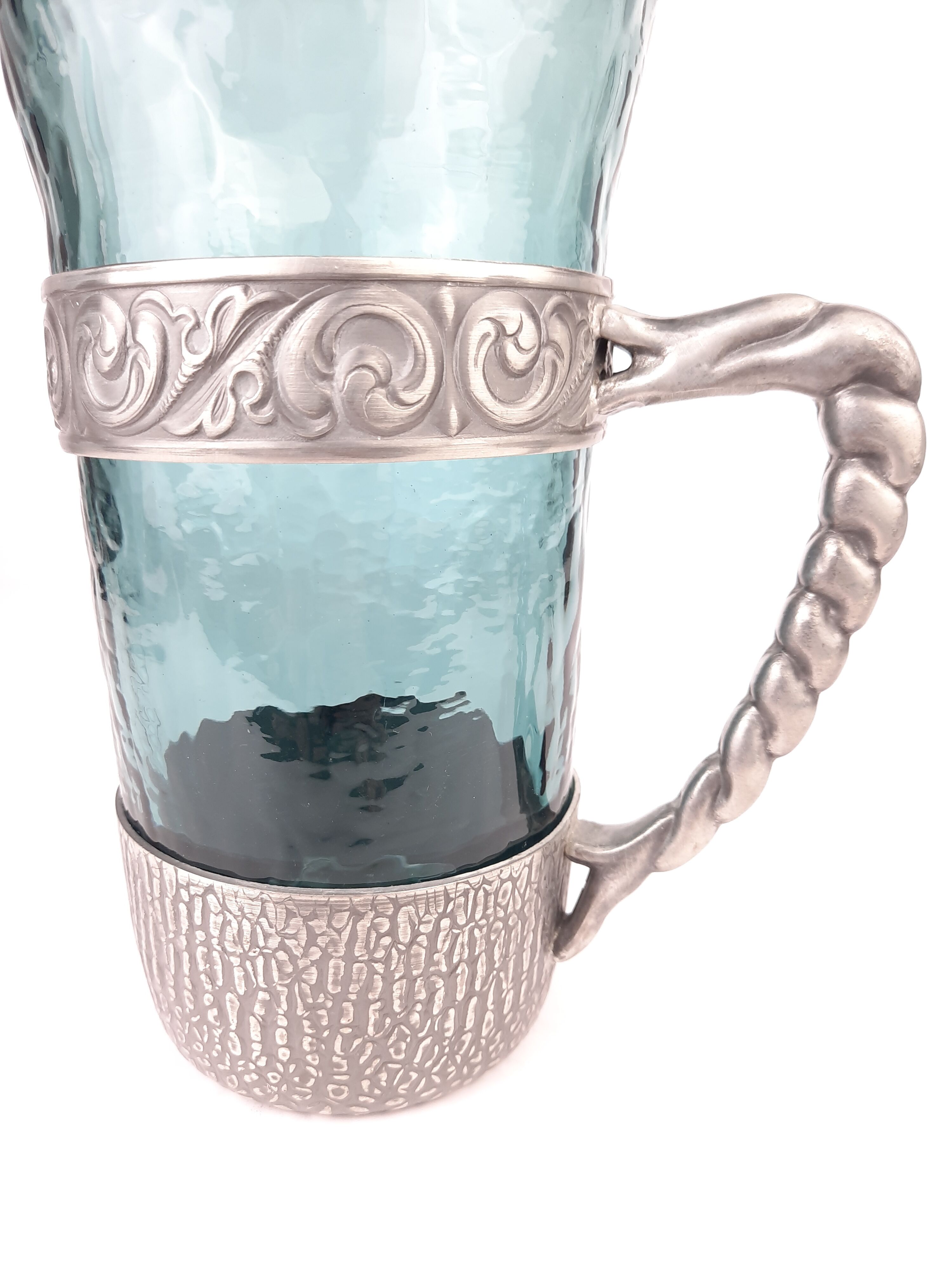 Hadeland Glass pitcher by Willy Johansson, pewter holder, vintage