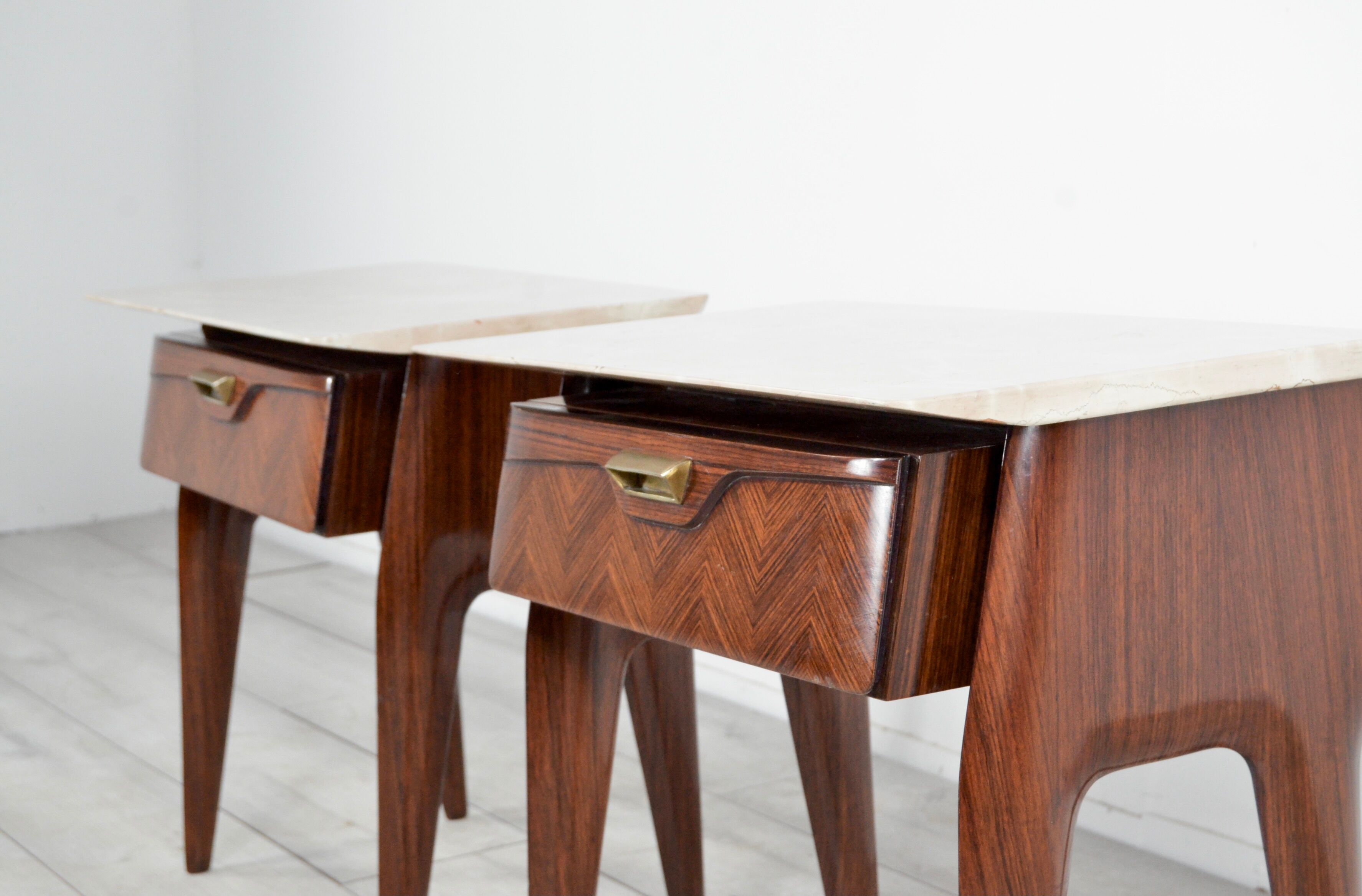 Set of 2 italian midcentury rosewood, carrara marble and brass bedside tables / cabinets. vintage