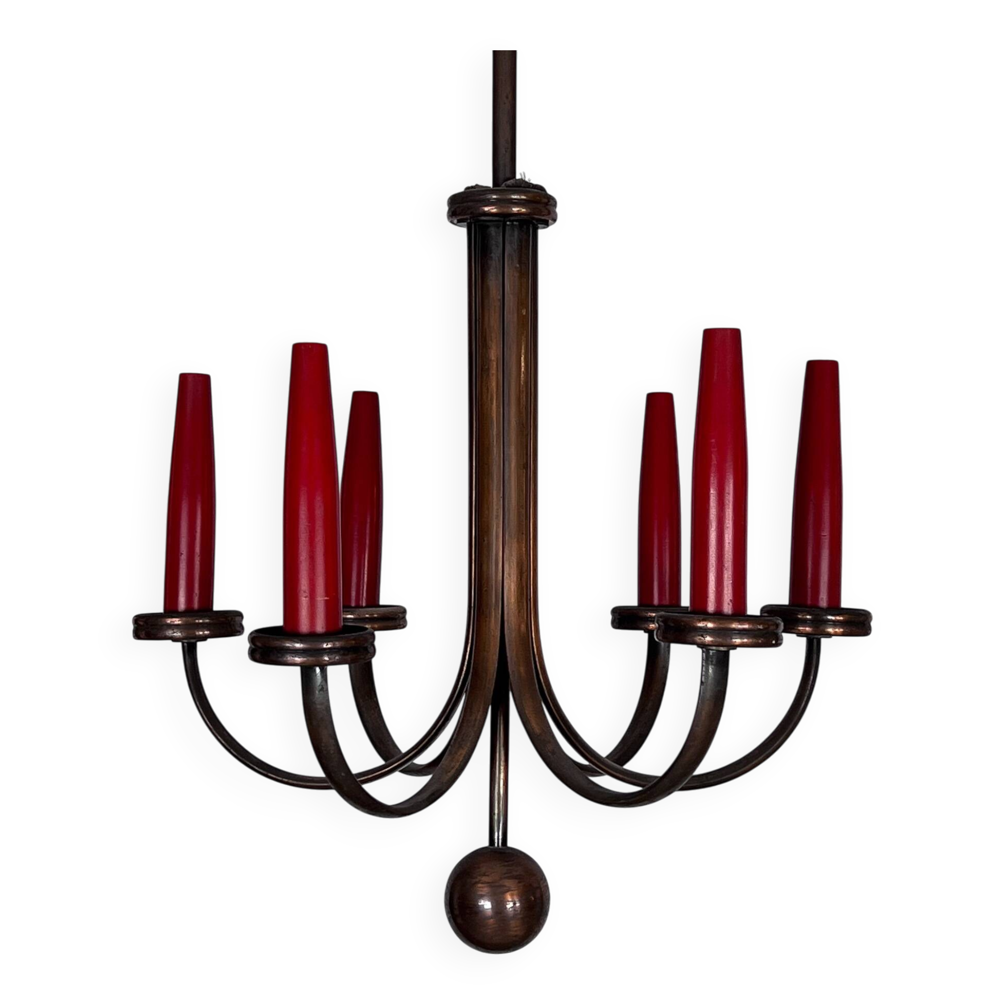 Mid-Century Modern six arms copper chandelier in Gio Ponti style. Italy 195
