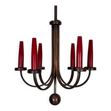 Lustre moderne du milieu du XXe siècle en cuivre à six bras, de style Gio Ponti. Italie, 1950.