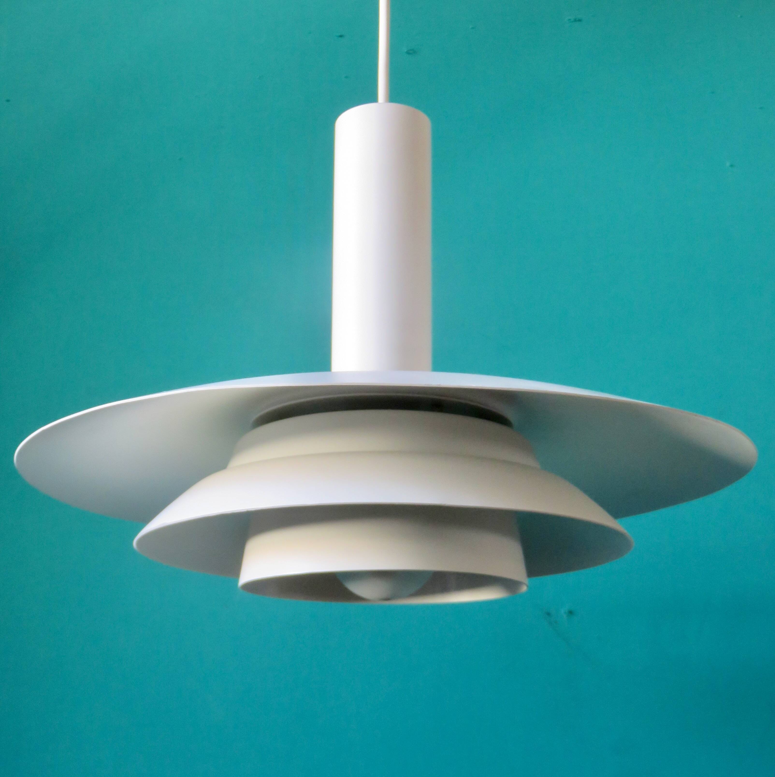 1970s pendant light in white lacquered metal. Denmark 1975