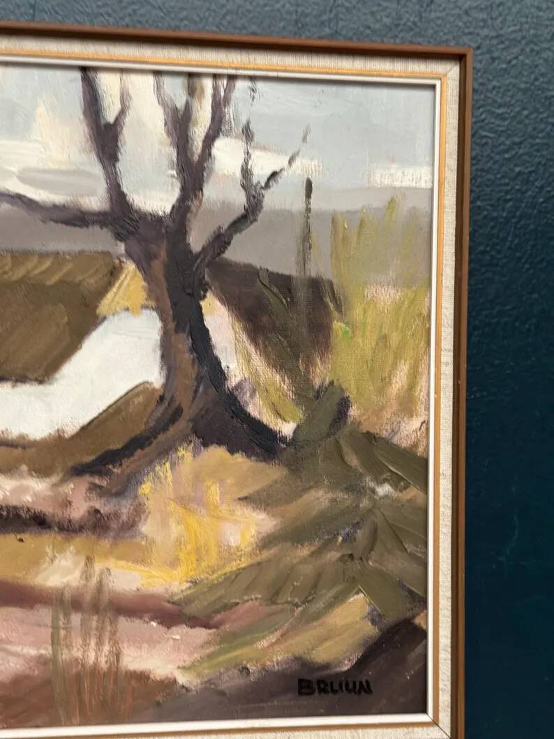 Original Swedish Oil on Canvas – "Farm" by Jörgen Bruun – Signed – Vintage and Framed – 41 × 31 cm (16.1" × 12.2")