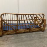 Exclusive Six Strand Rectangular Rattan 3-Seat Sofa after Paul Frankl, 50s