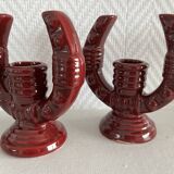 2 fifties red ceramic candle holders, horseshoe pattern