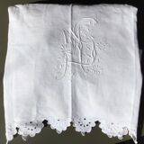 Old embroidered linen sheet MS scalloped edge hand