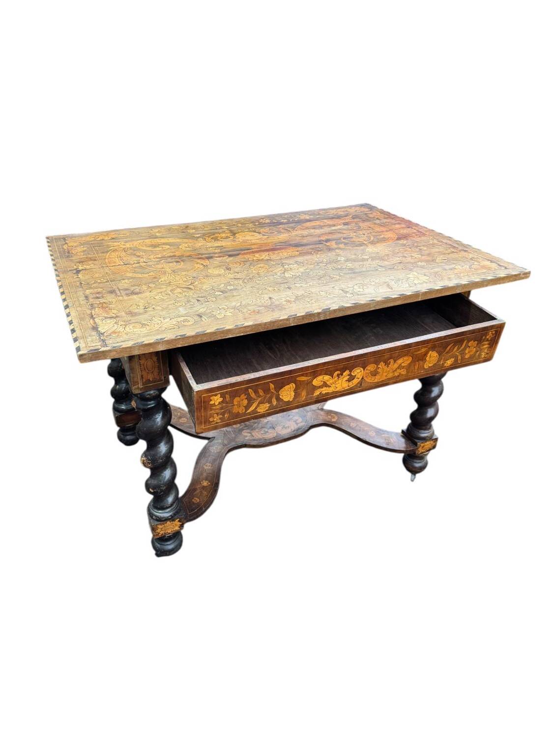 Dutch salon 1900, table and 4 chairs in marquetry stamped IDRAC.