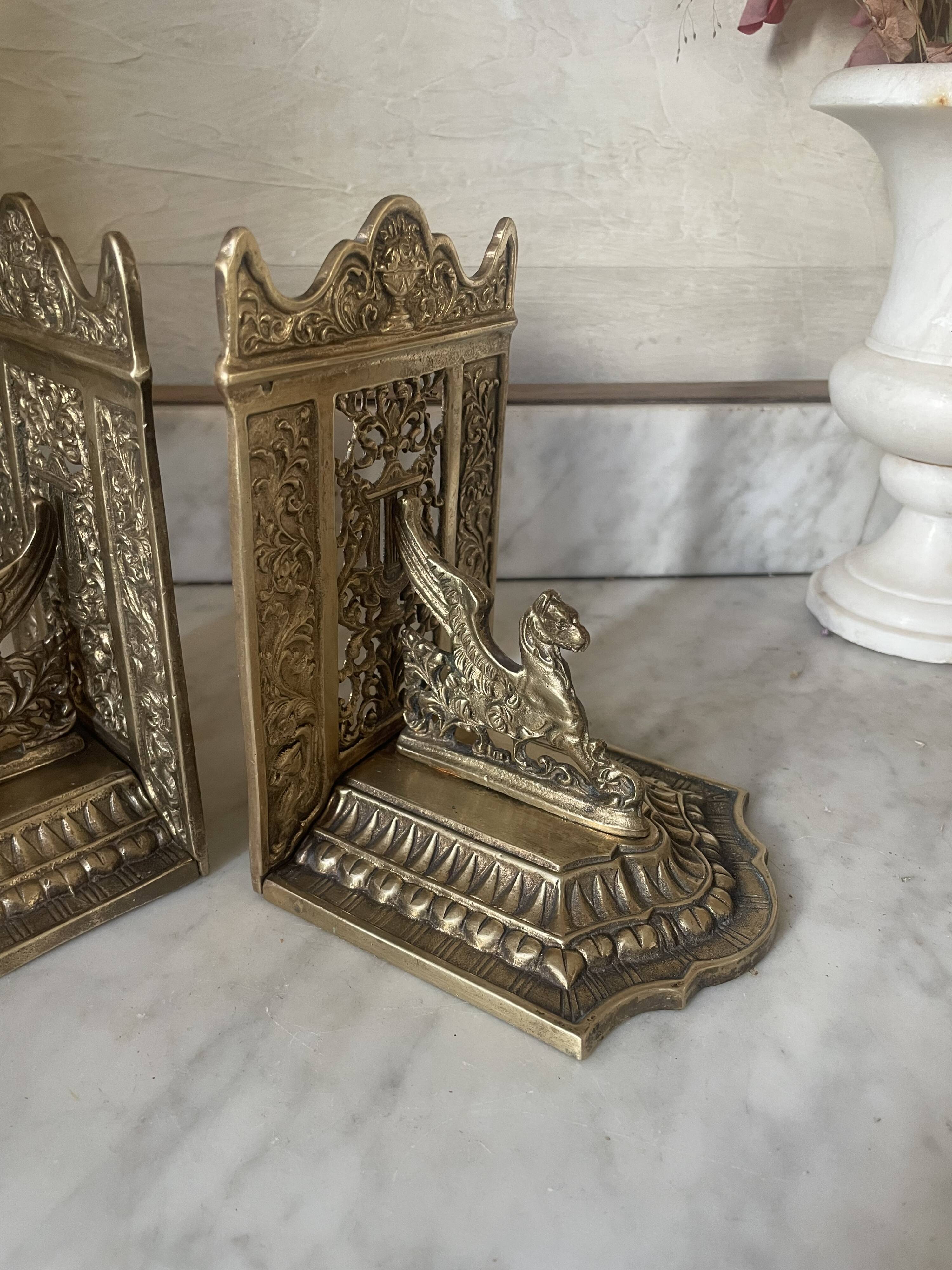 pair of Gothic decorative bookends in brass 1920