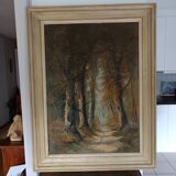 huile sur toile ancadrée XXème Chemin en sous bois