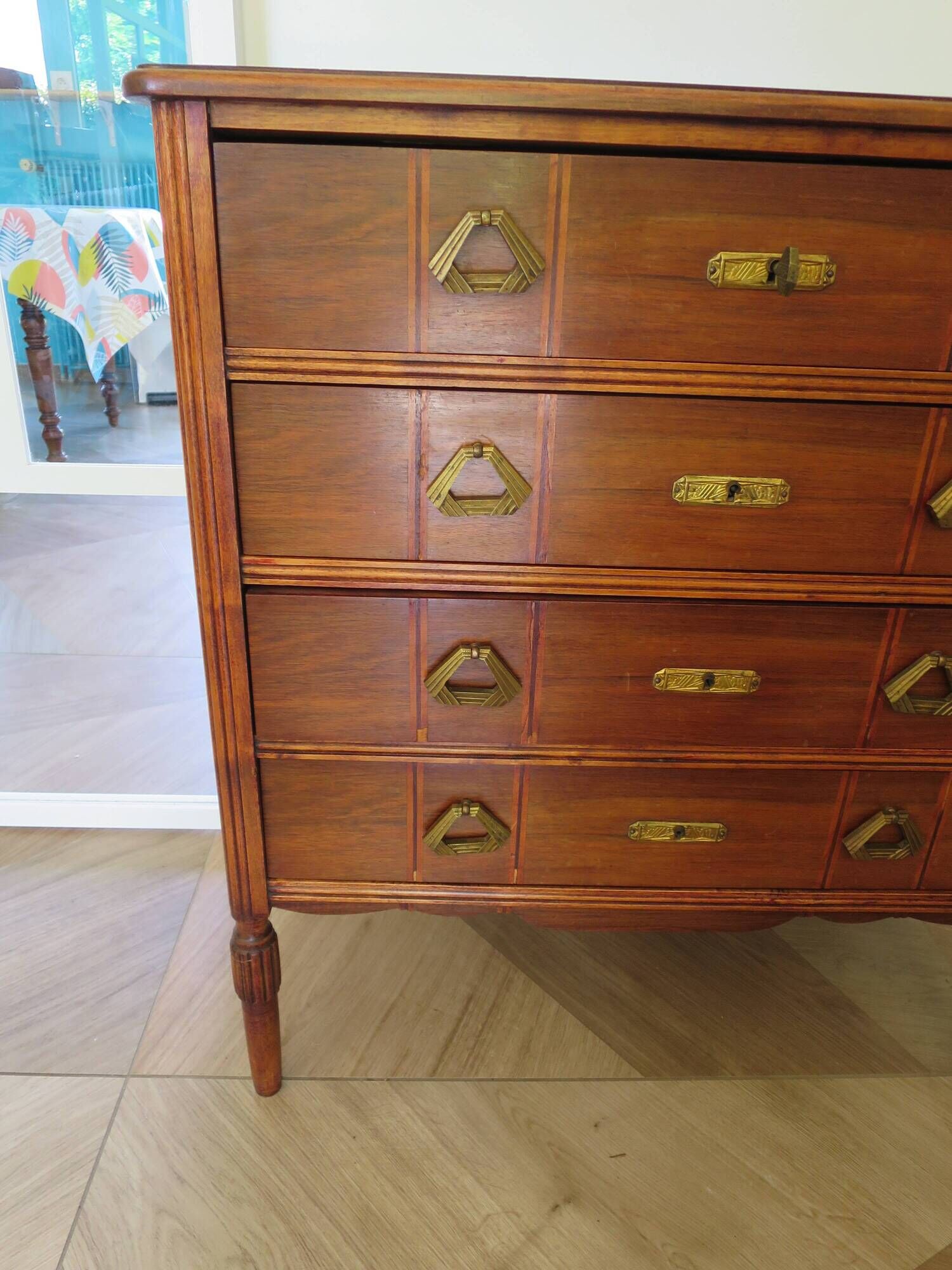Art Deco chest of drawers - 4 drawers - locks - checkered wood veneer top - 50s